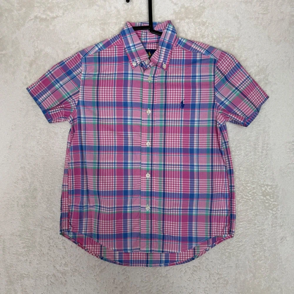 Ralph Lauren Boys Pink Blue Plaid Short Sleeve Button Down Shirt Size 5 Preppy